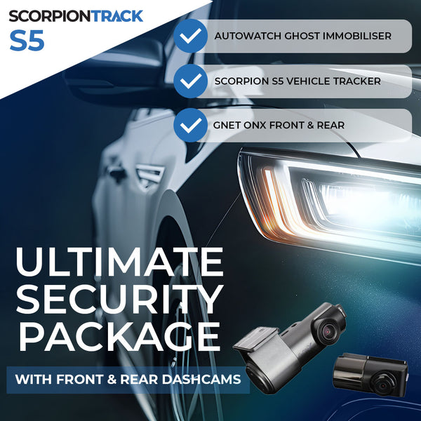 Ultimate Security Package with Front & Rear Dashcams: Autowatch Ghost Immobiliser, Scorpion S5 Vehicle Tracker & GNET ONX (F+R) Dashcam